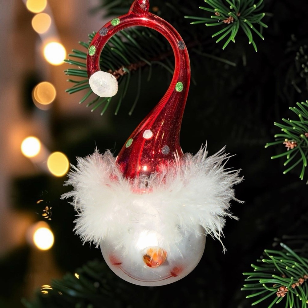 Robert Stanley 4.5" Feathery Swirl Snowman Head Christmas Blown Glass Ornament